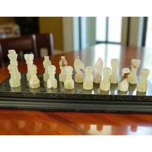 Handmade Marble Chess pieces, white and green onyx with storage tray